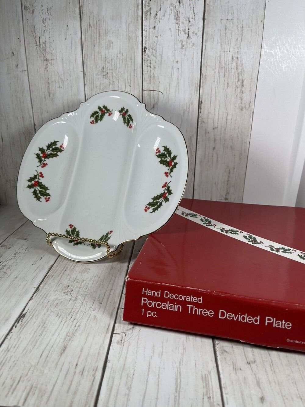 3 Section Serving Plate Fine Porcelain “Christmas Holly” Japan Holidays